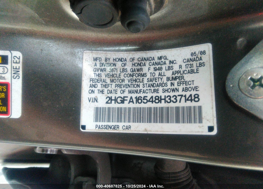 2008 HONDA CIVIC VIN: 2HGFA16548H337148