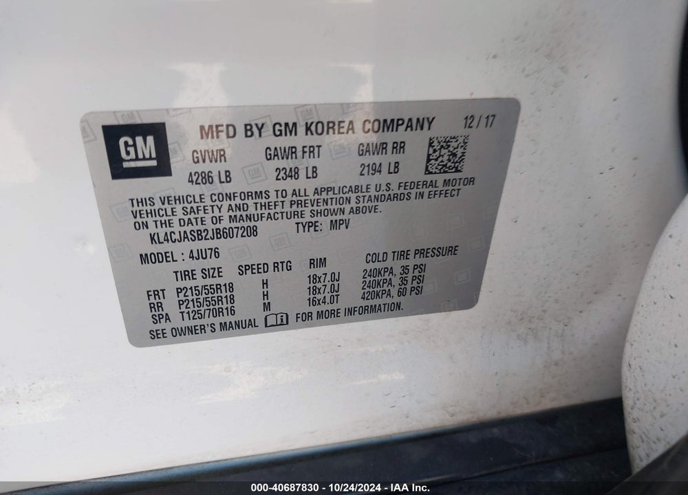 2018 BUICK ENCORE PREFERRED VIN: KL4CJASB2JB607208