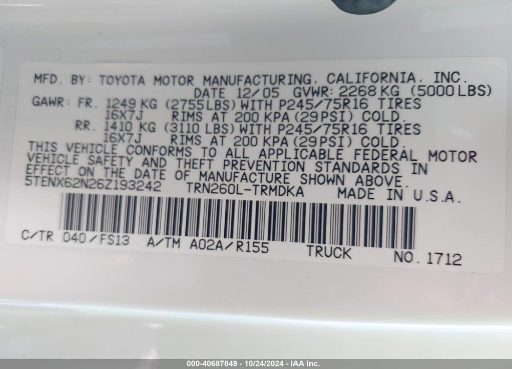 2006 TOYOTA TACOMA PRERUNNER VIN: 5TENX62N26Z193242