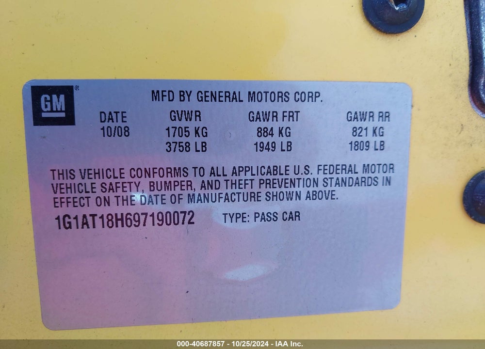 2009 CHEVROLET COBALT LT VIN: 1G1AT18H697190072