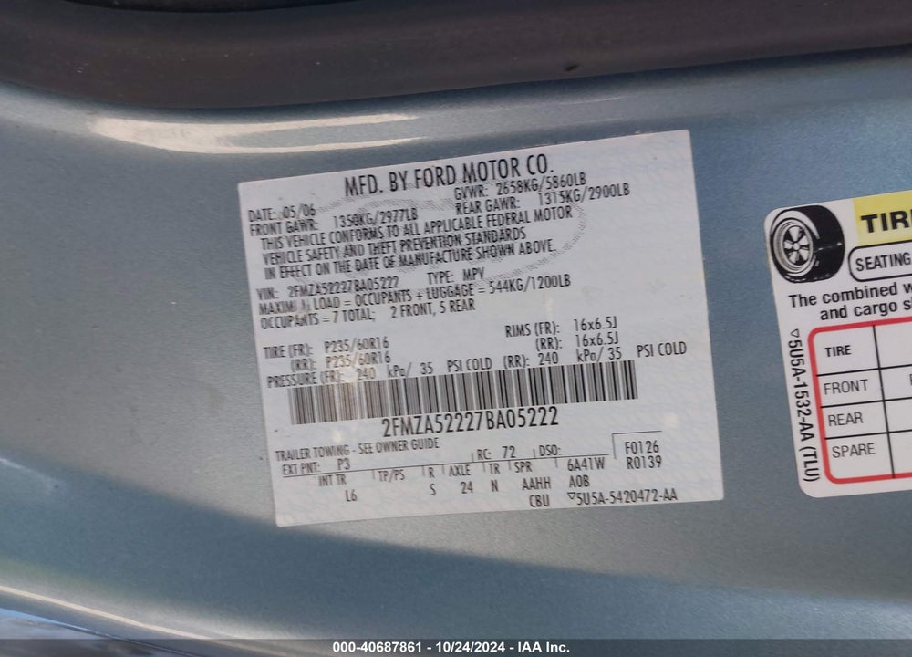 2007 FORD FREESTAR SEL VIN: 2FMZA52227BA05222