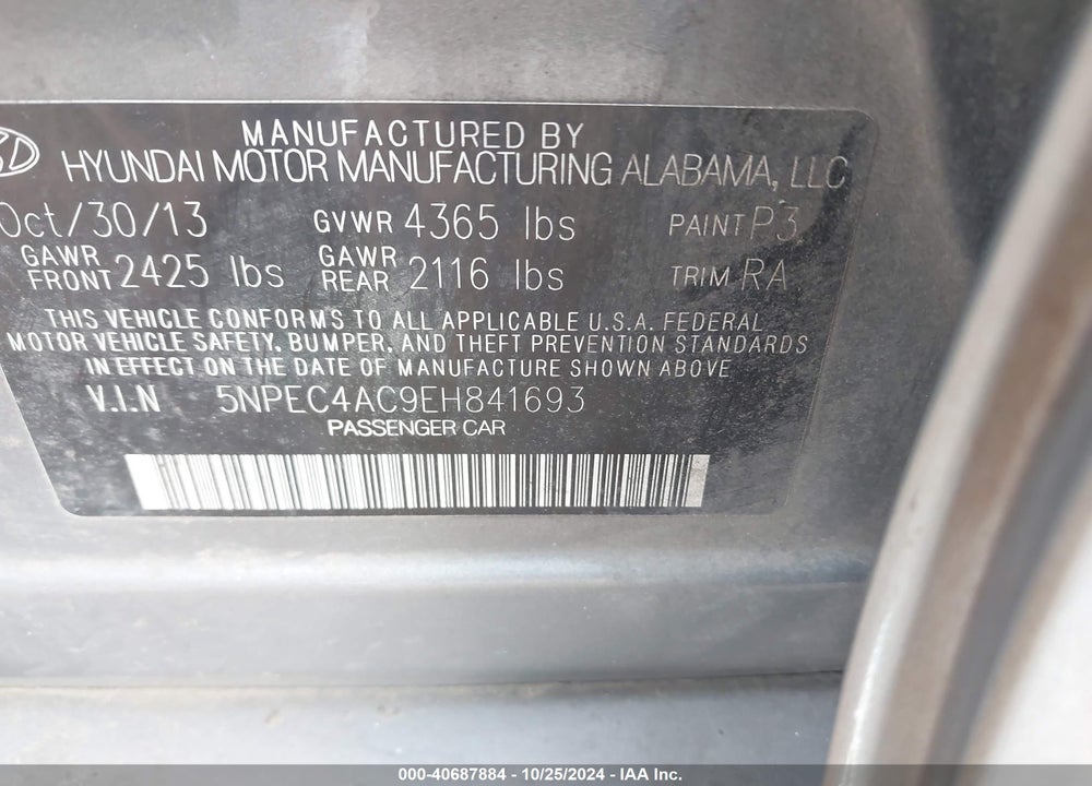 2014 HYUNDAI SONATA VIN: 5NPEC4AC9EH841693