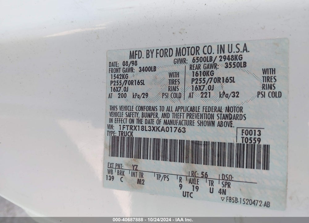 1999 FORD F-150 LARIAT/XL/XLT VIN: 1FTRX18L3XKA01763