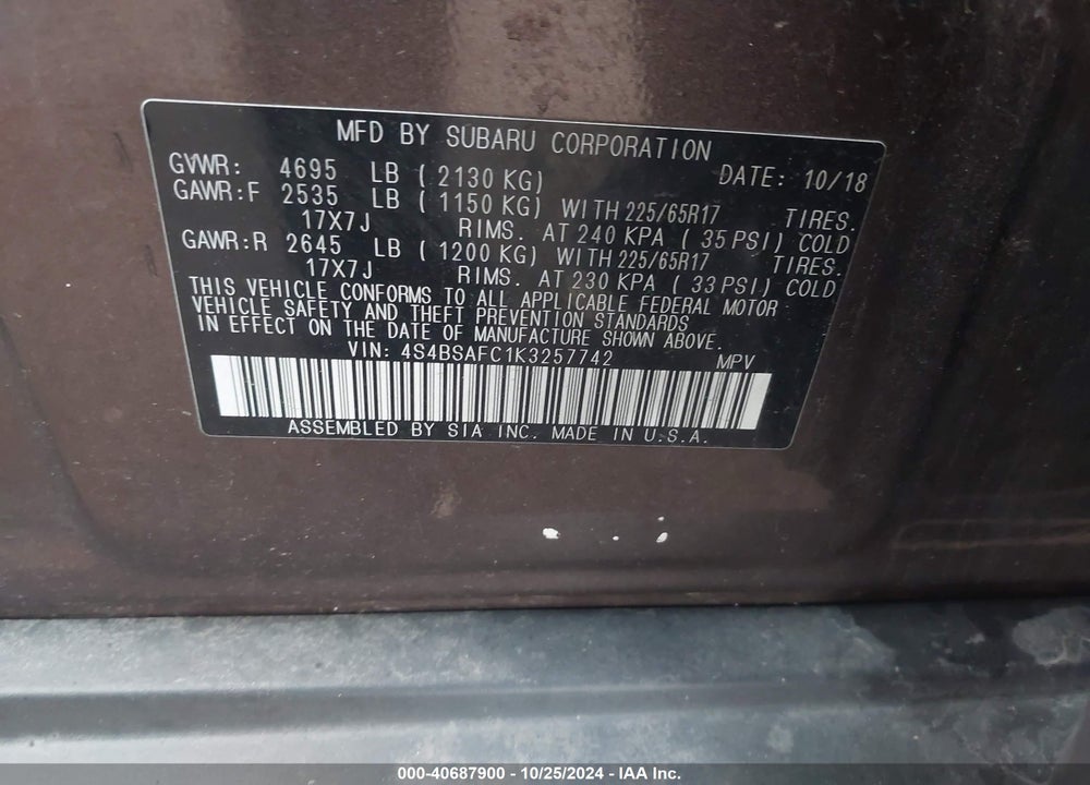 2019 SUBARU OUTBACK 2.5I PREMIUM VIN: 4S4BSAFC1K3257742