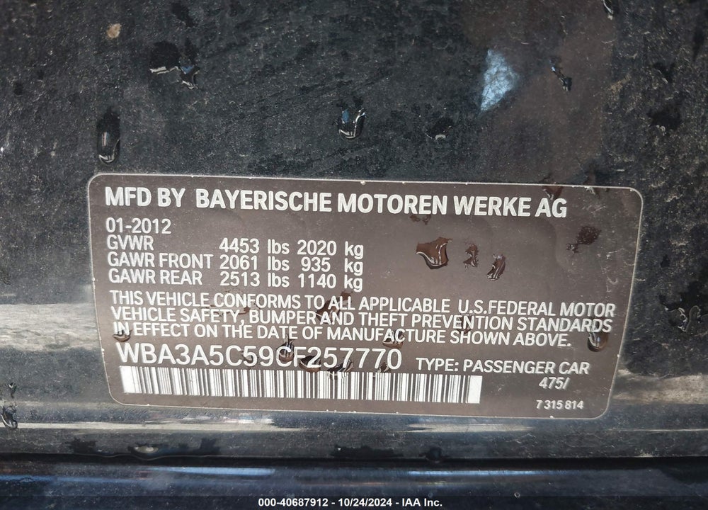 2012 BMW 328I VIN: WBA3A5C59CF257770