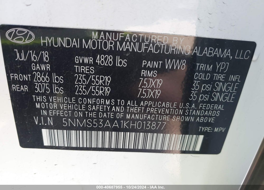 2019 HYUNDAI SANTA FE ULTIMATE 2.0T VIN: 5NMS53AA1KH013877