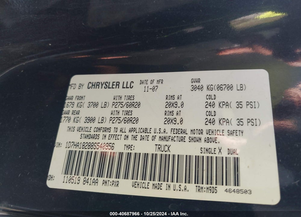 2008 DODGE RAM 1500 SLT VIN: 1D7HA18288S540956