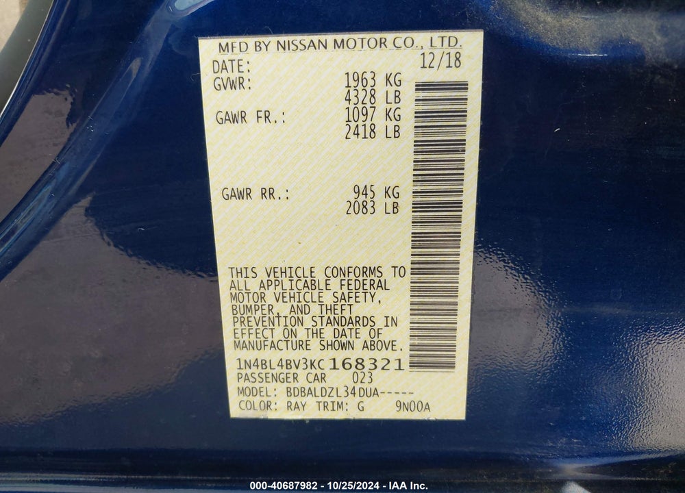 2019 NISSAN ALTIMA 2.5 S VIN: 1N4BL4BV3KC168321