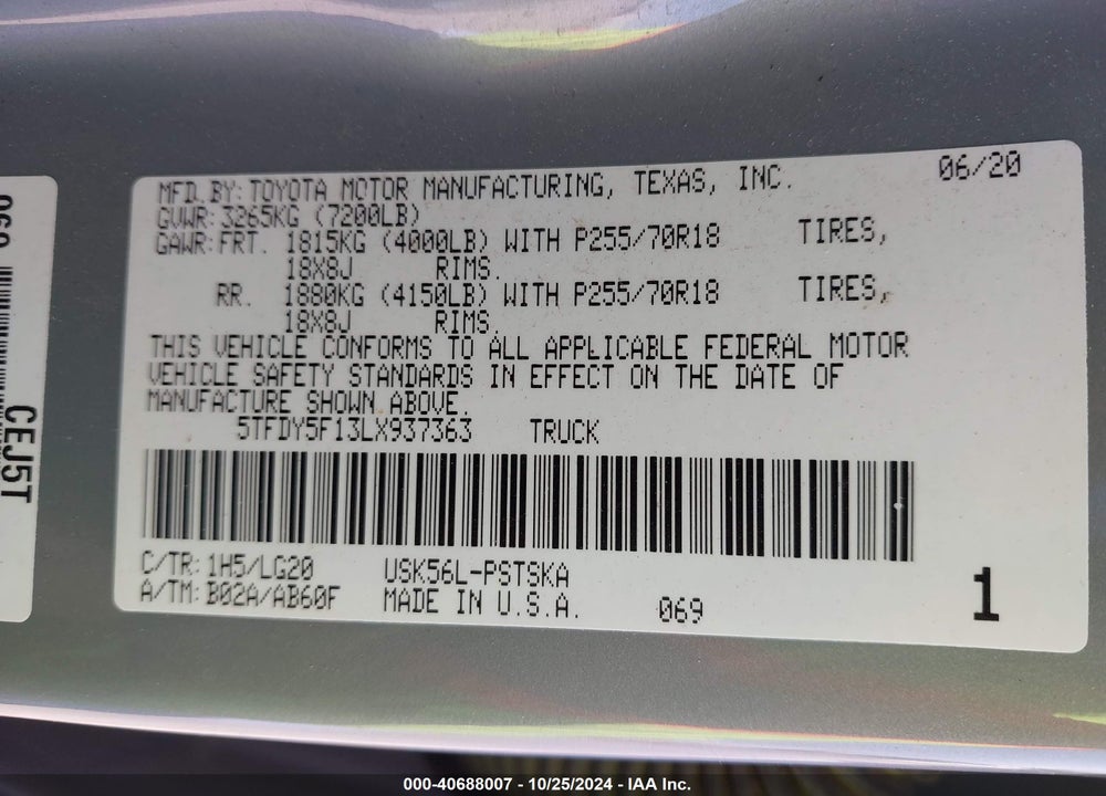 2020 TOYOTA TUNDRA SR5 VIN: 5TFDY5F13LX937363