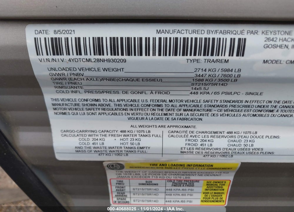 2022 COLEMAN CAMPER TRLR VIN: 4YDTCML28NH930209