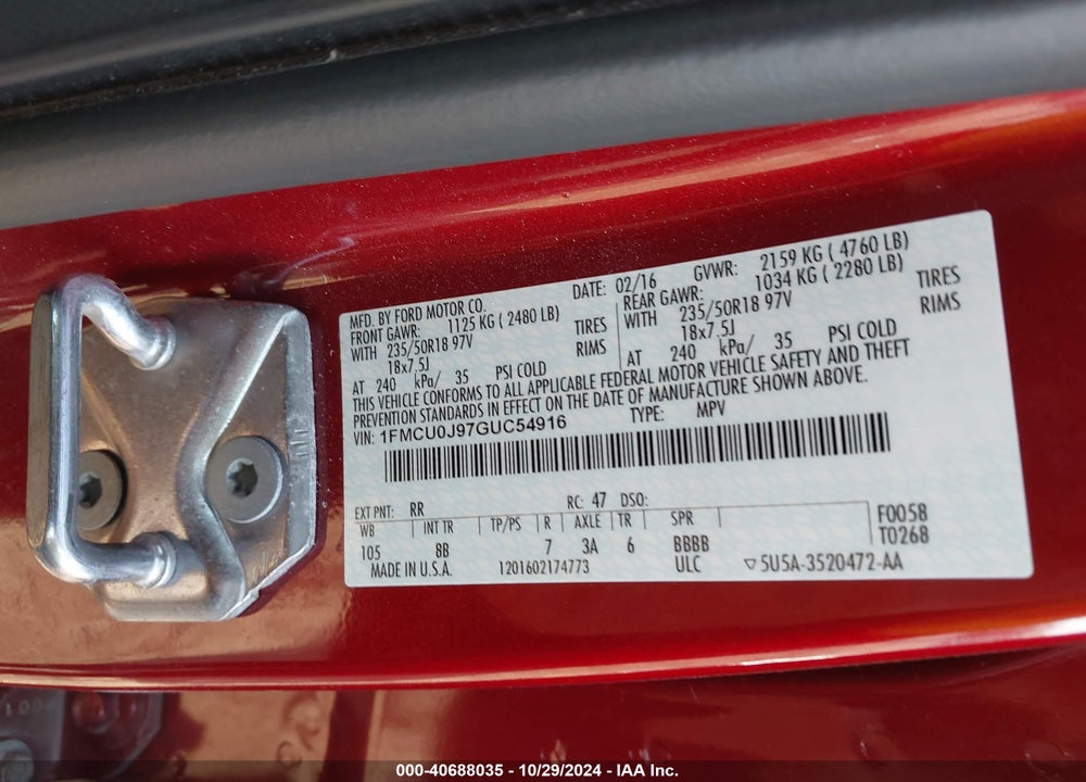 2016 FORD ESCAPE TITANIUM VIN: 1FMCU0J97GUC54916