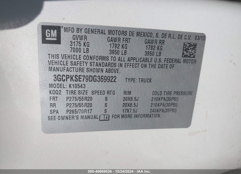 2013 CHEVROLET SILVERADO 1500 LT VIN: 3GCPKSE79DG369922