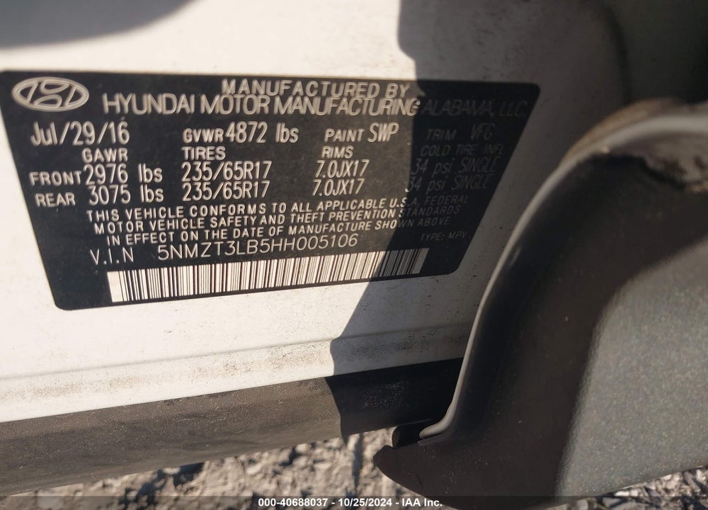 2017 HYUNDAI SANTA FE SPORT 2.4L VIN: 5NMZT3LB5HH005106