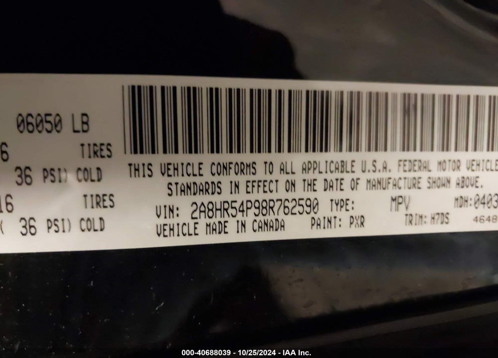 2008 CHRYSLER TOWN & COUNTRY TOURING VIN: 2A8HR54P98R762590