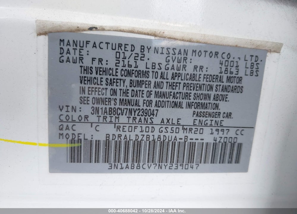 2022 NISSAN SENTRA SV XTRONIC CVT VIN: 3N1AB8CV7NY239047