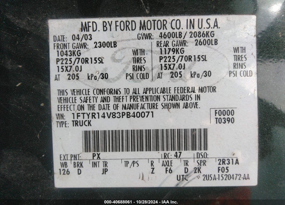 2003 FORD RANGER EDGE/TREMOR/XL/XLT VIN: 1FTYR14V83PB40071