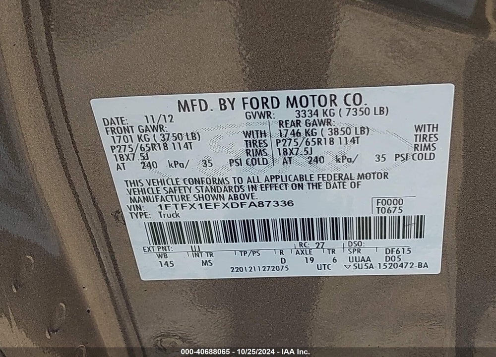 2013 FORD F-150 XLT VIN: 1FTFX1EFXDFA87336