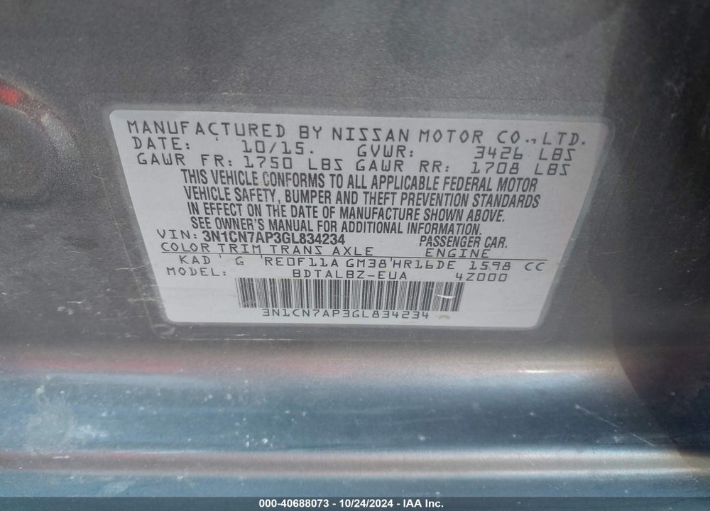 2016 NISSAN VERSA 1.6 SV VIN: 3N1CN7AP3GL834234