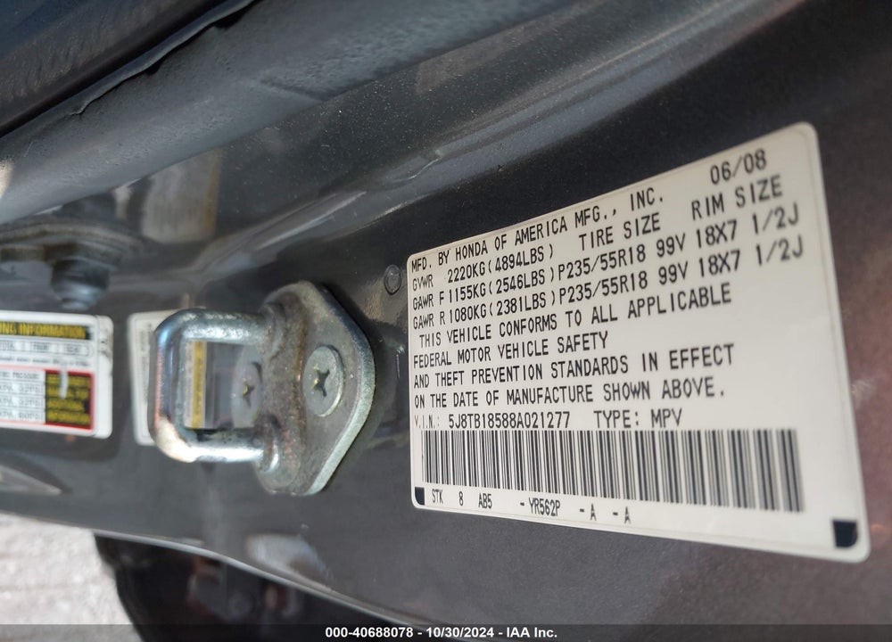 2008 ACURA RDX TECH PKG VIN: 5J8TB18588A021277