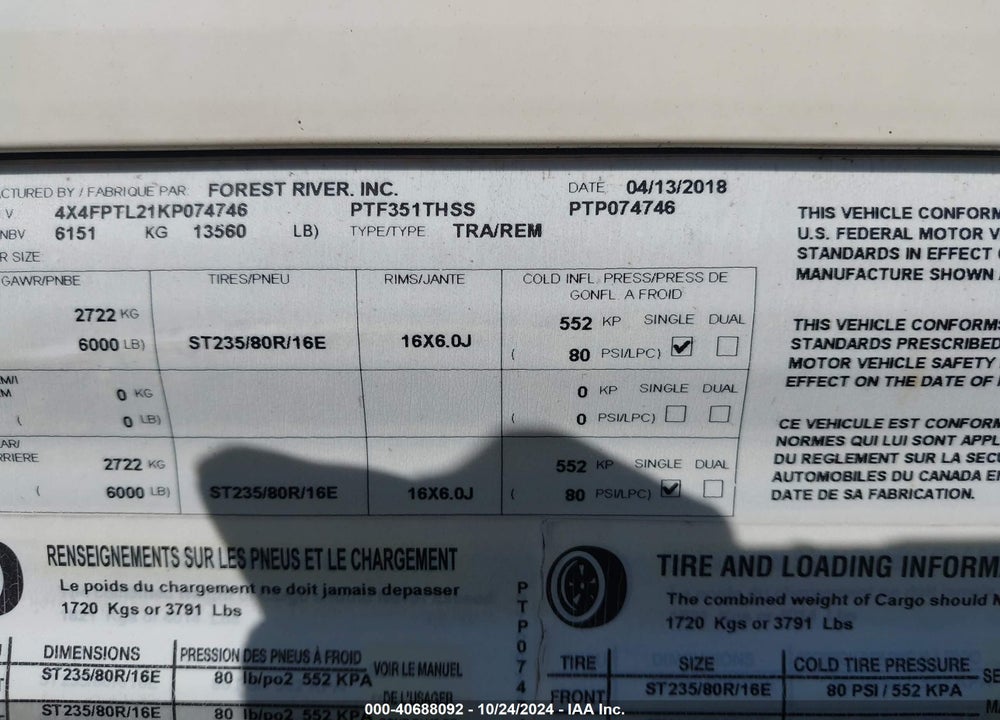 2019 FOREST RIVER PUMA VIN: 4X4FPTL21KP074746