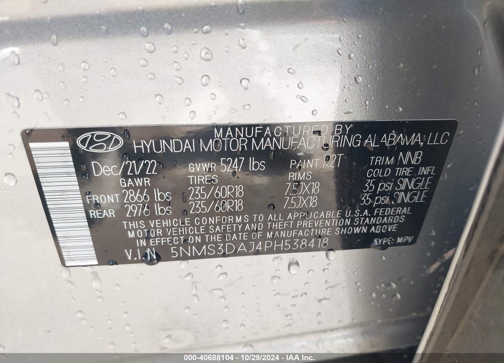 2023 HYUNDAI SANTA FE SEL VIN: 5NMS3DAJ4PH538418