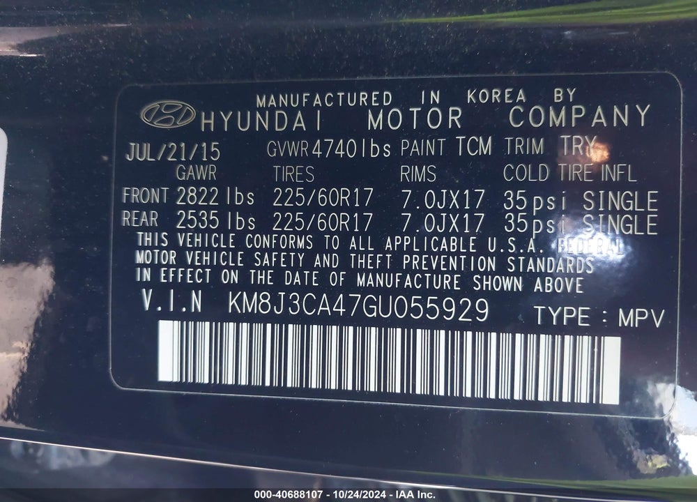 2016 HYUNDAI TUCSON SE VIN: KM8J3CA47GU055929