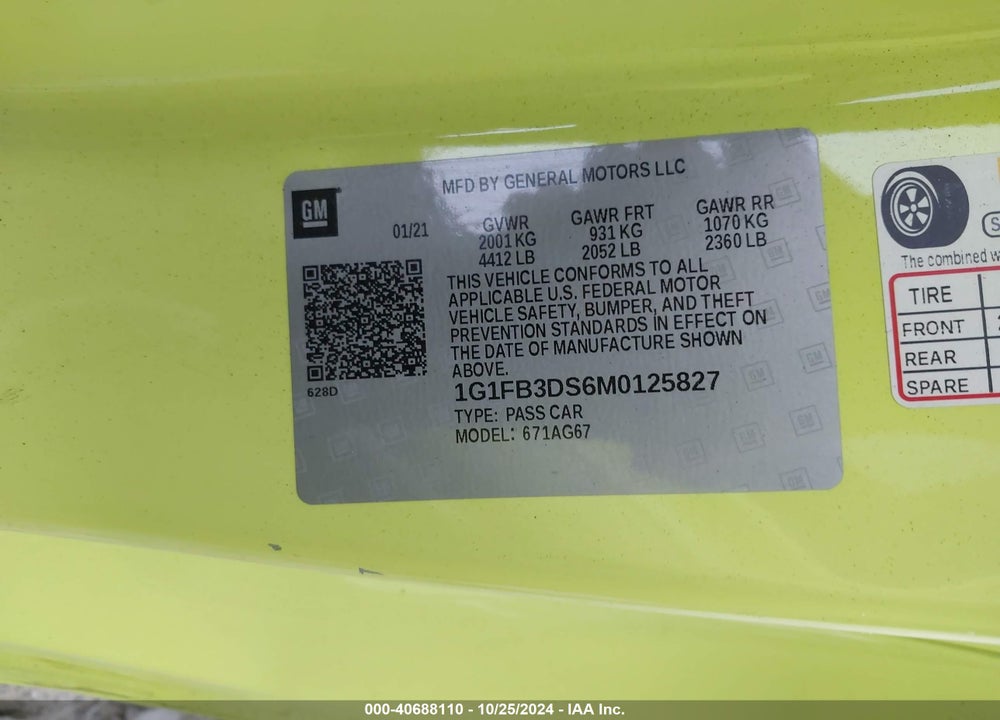2021 CHEVROLET CAMARO RWD 1LT VIN: 1G1FB3DS6M0125827