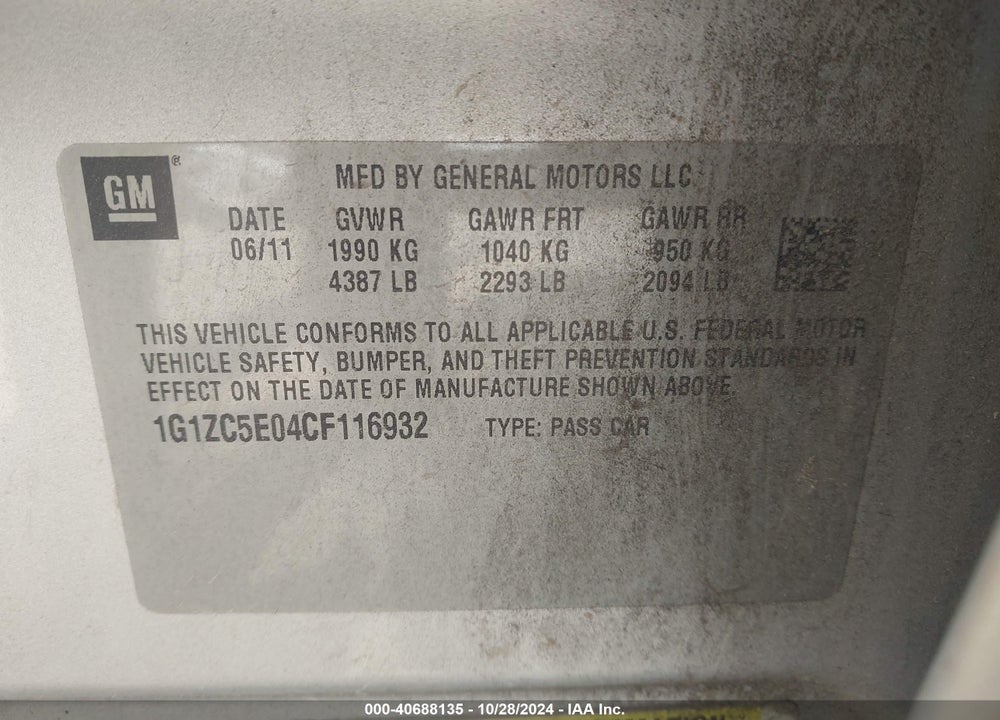 2012 CHEVROLET MALIBU 1LT VIN: 1G1ZC5E04CF116932