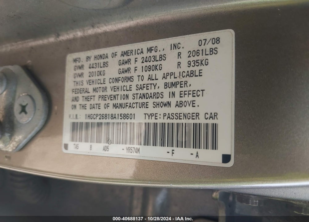 2008 HONDA ACCORD 2.4 EX-L VIN: 1HGCP26818A158601