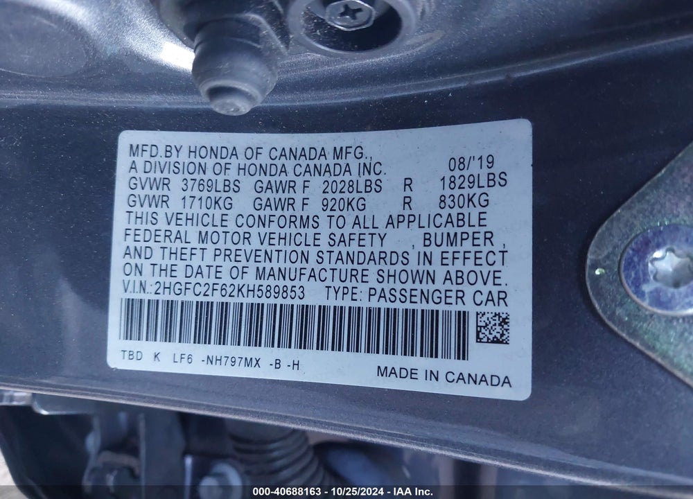 2019 HONDA CIVIC LX VIN: 2HGFC2F62KH589853