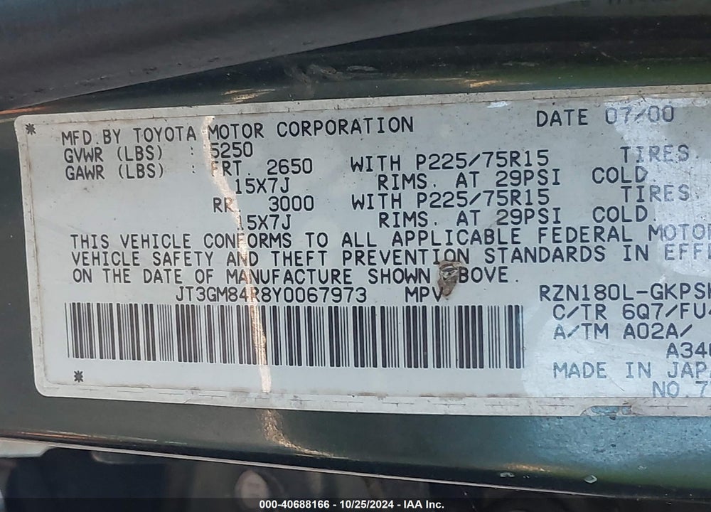 2000 TOYOTA 4RUNNER VIN: JT3GM84R8Y0067973