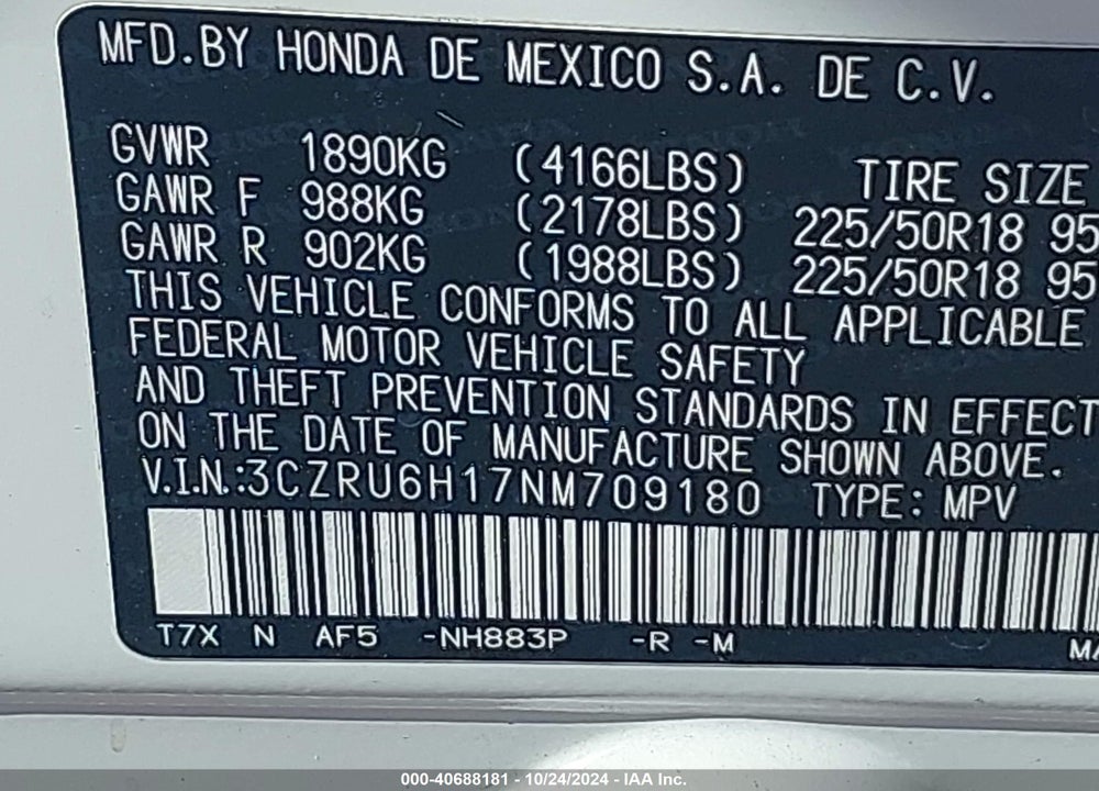 2022 HONDA HR-V AWD SPORT VIN: 3CZRU6H17NM709180