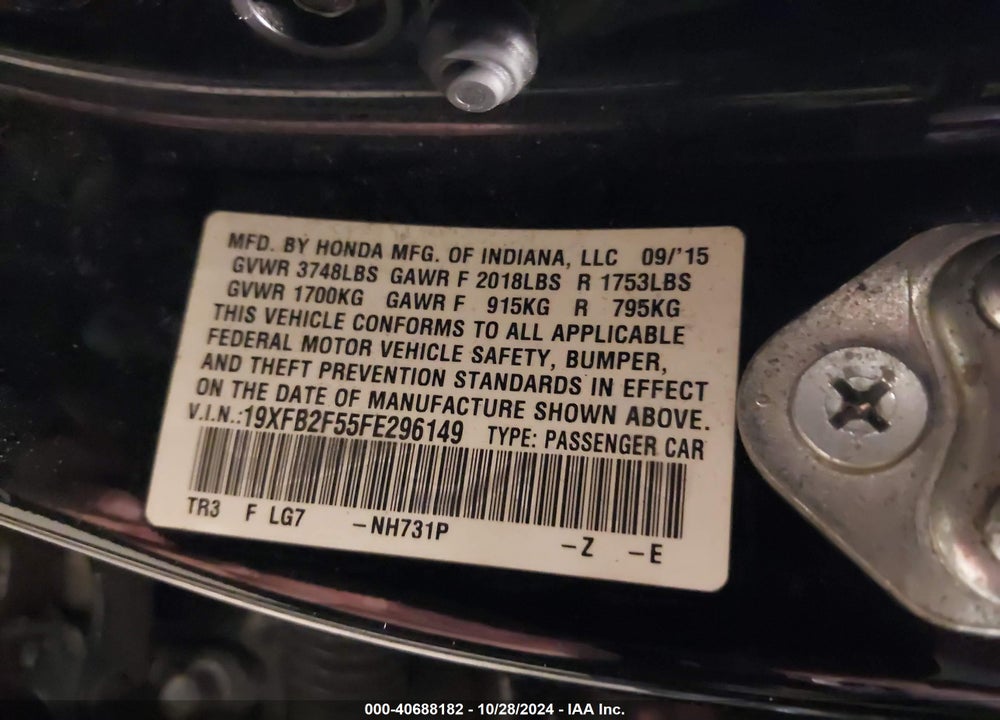 2015 HONDA CIVIC LX VIN: 19XFB2F55FE296149