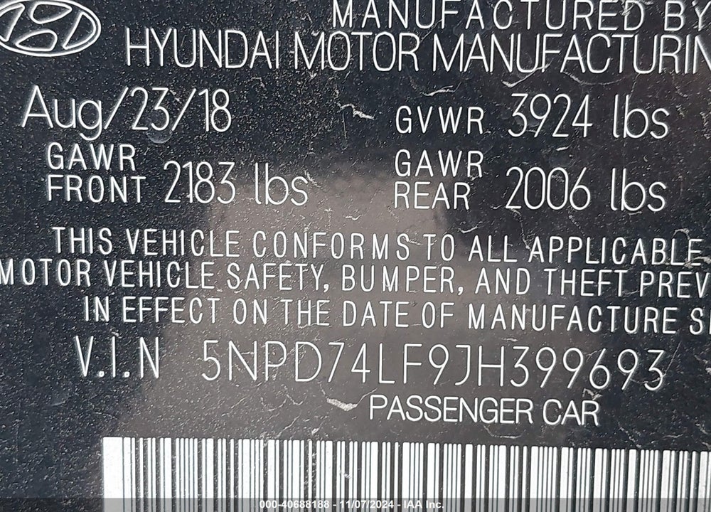 2018 HYUNDAI ELANTRA SE VIN: 5NPD74LF9JH399693