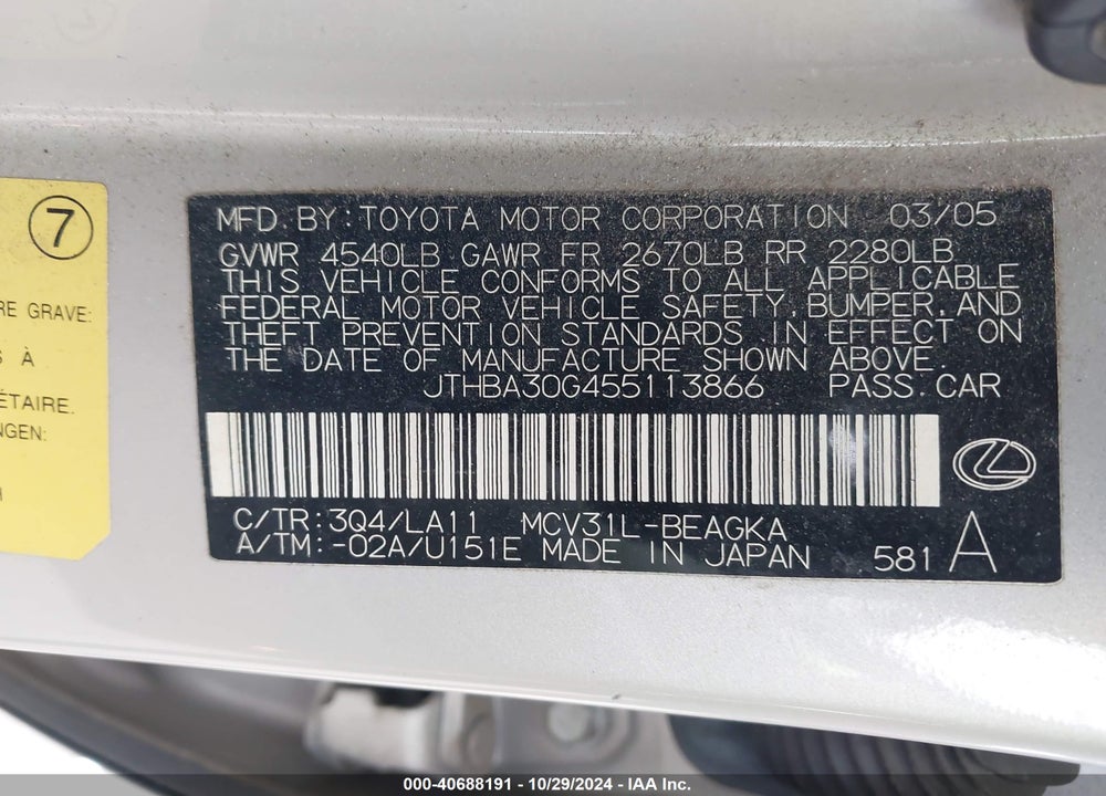 2005 LEXUS ES 330 VIN: JTHBA30G455113866