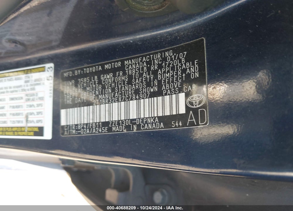 2007 TOYOTA COROLLA LE VIN: 2T1BR32EX7C784907