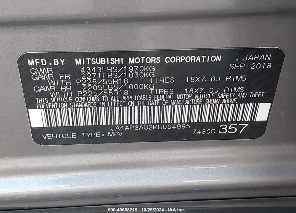 2019 MITSUBISHI OUTLANDER SPORT 2.0 ES VIN: JA4AP3AU2KU004995