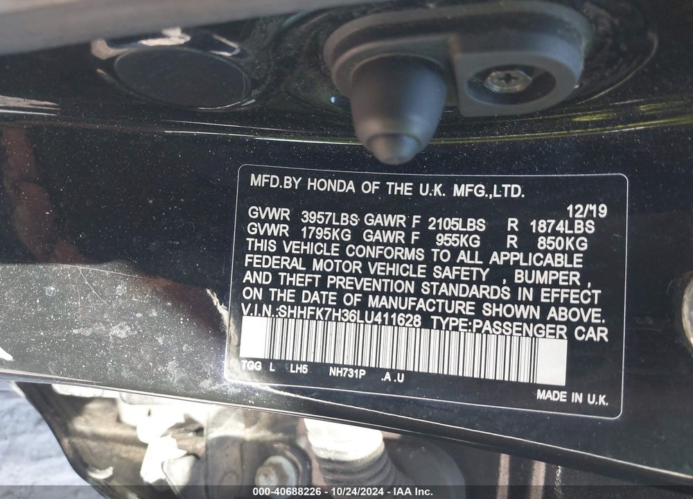 2020 HONDA CIVIC VIN: SHHFK7H36LU411628