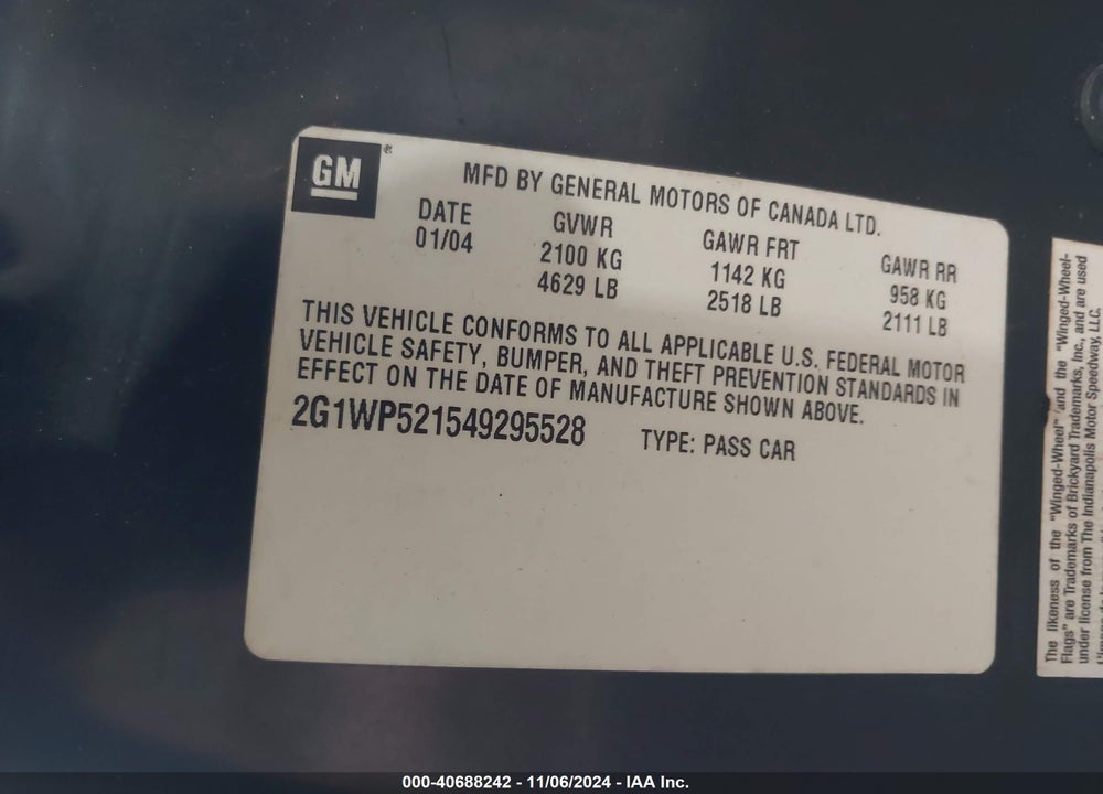 2004 CHEVROLET IMPALA SS SUPERCHARGED VIN: 2G1WP521549295528
