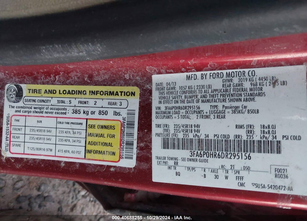 2013 FORD FUSION SE VIN: 3FA6P0HR6DR295156