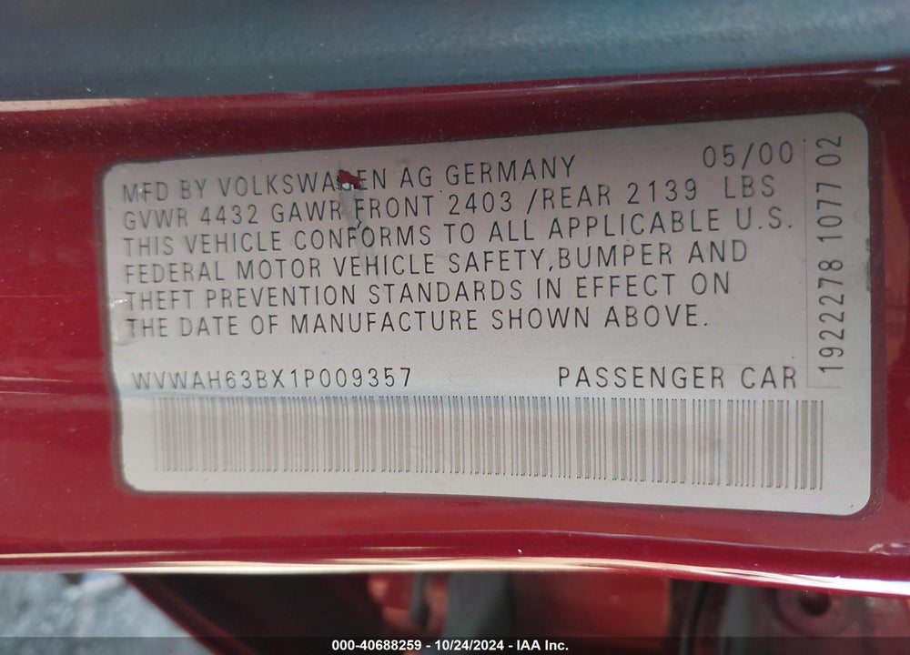 2001 VOLKSWAGEN PASSAT GLS V6 VIN: WVWAH63BX1P009357