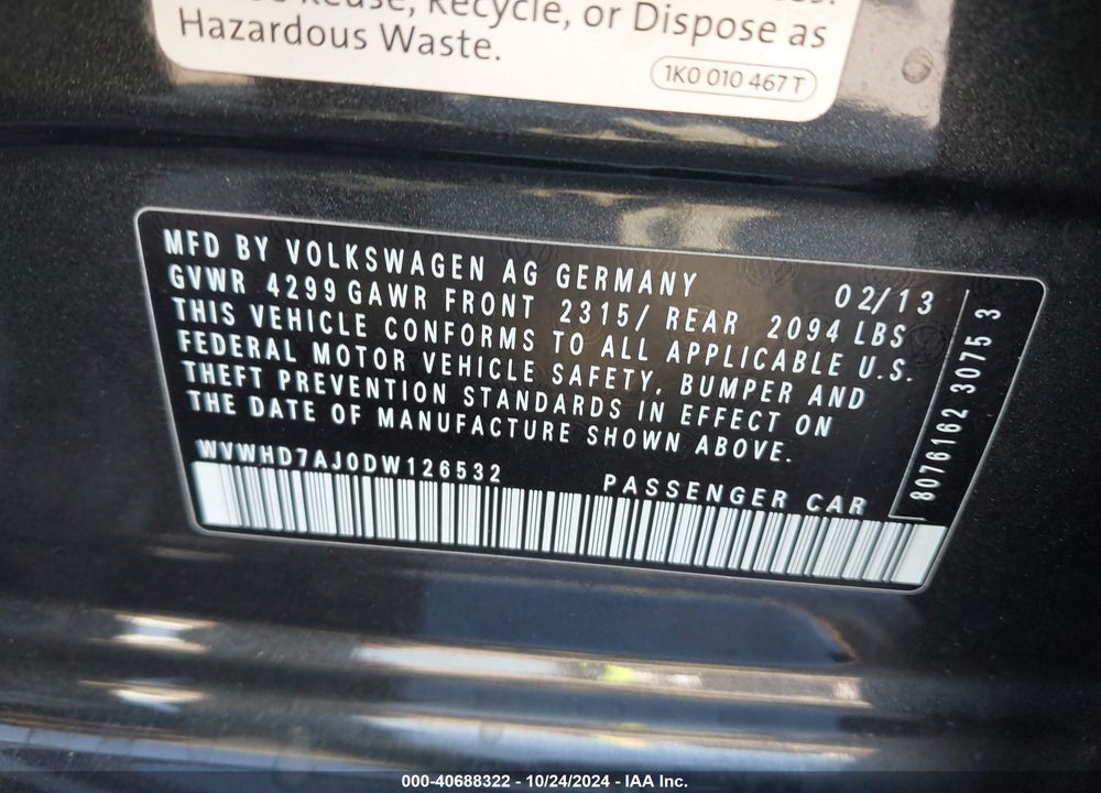 2013 VOLKSWAGEN GTI DRIVERS EDITION VIN: WVWHD7AJ0DW126532