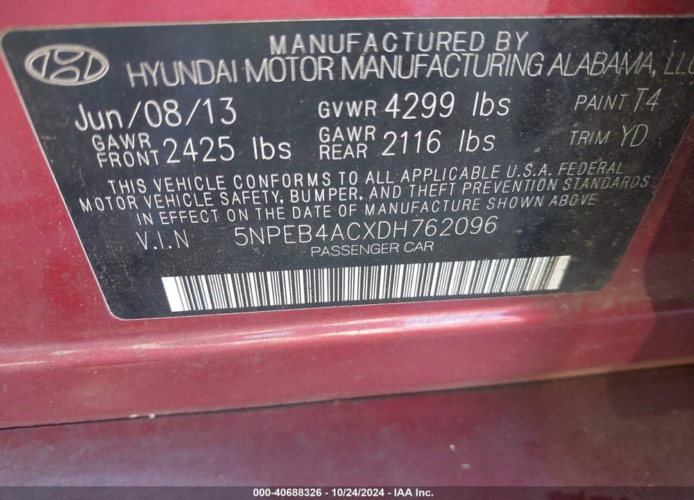 2013 HYUNDAI SONATA GLS VIN: 5NPEB4ACXDH762096