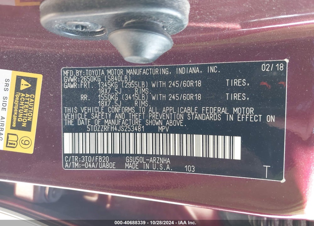 2018 TOYOTA HIGHLANDER LE VIN: 5TDZZRFH4JS253481