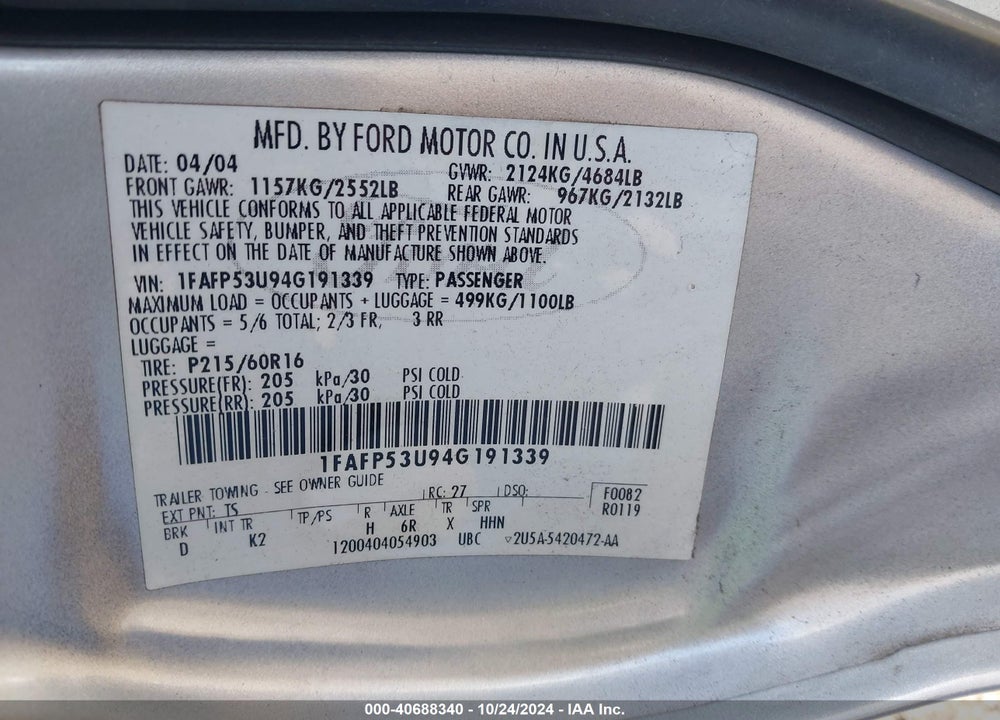 2004 FORD TAURUS SE VIN: 1FAFP53U94G191339