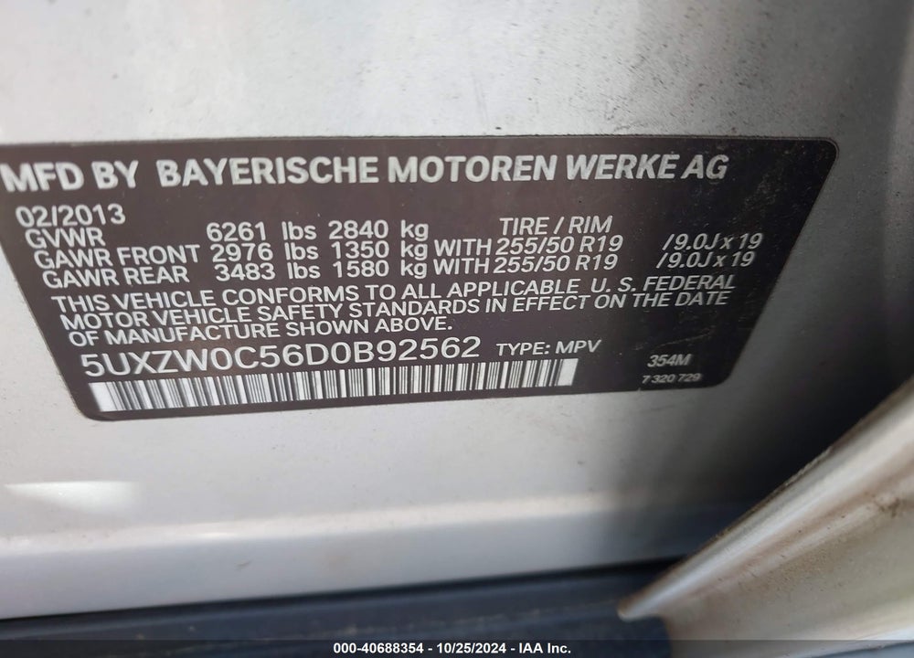 2013 BMW X5 XDRIVE35D VIN: 5UXZW0C56D0B92562