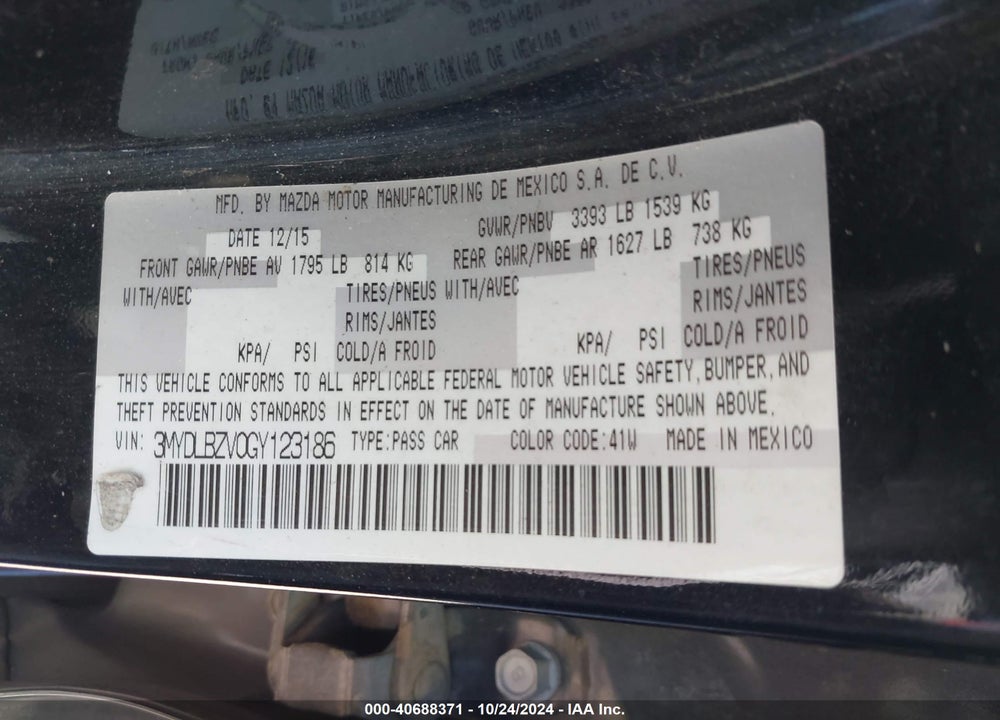 2016 SCION IA VIN: 3MYDLBZV0GY123186