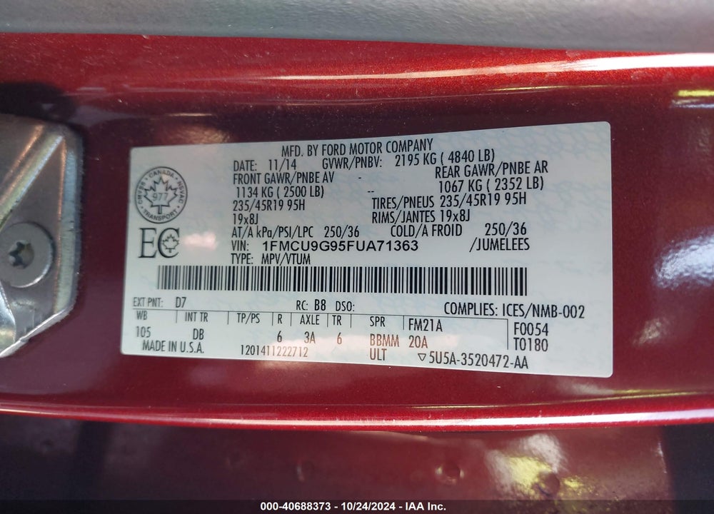 2015 FORD ESCAPE SE VIN: 1FMCU9G95FUA71363