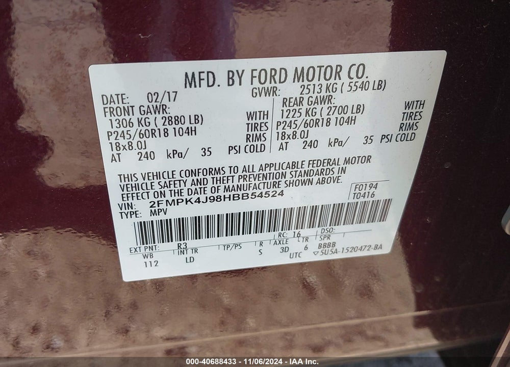 2017 FORD EDGE SEL VIN: 2FMPK4J98HBB54524