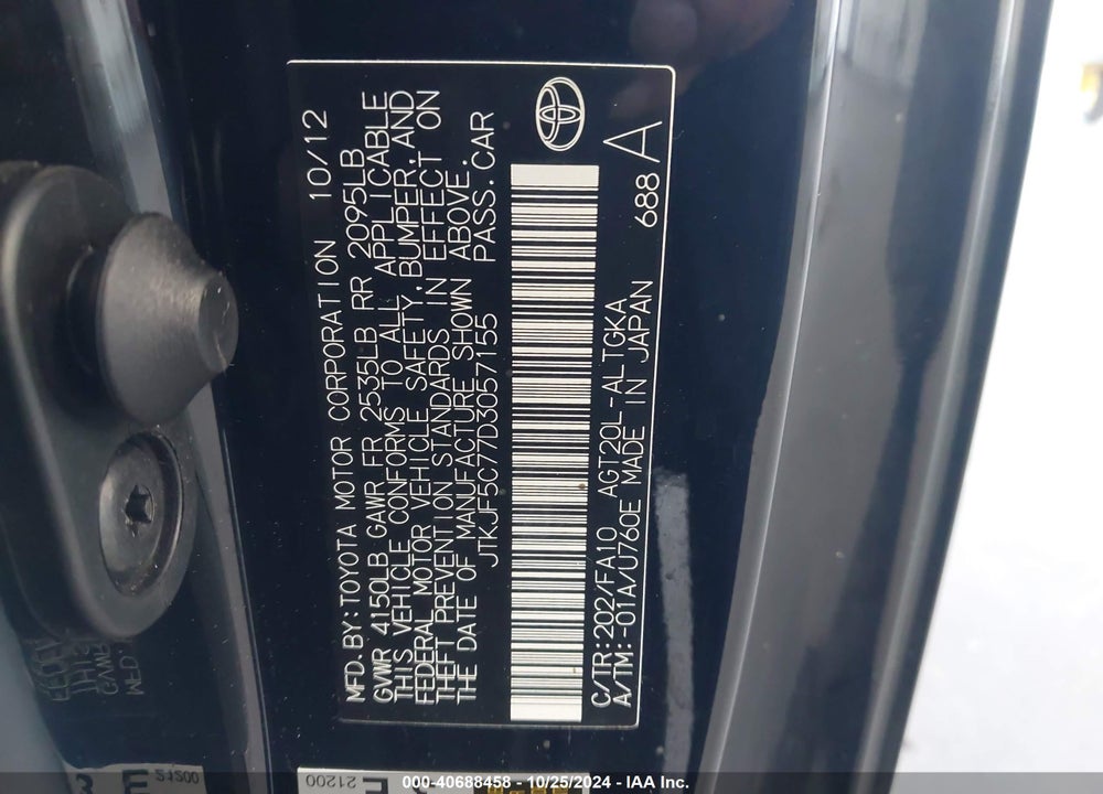 2013 TOYOTA SCION TC VIN: JTKJF5C77D3057155